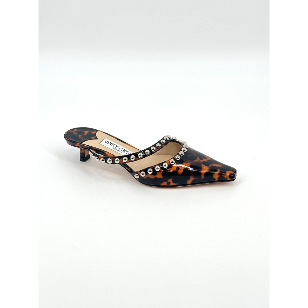 Jimmy Choo Ros 35 Tortoise Shell Patent Leather Studded Mules 36 / 6 Kitten Heel - Picture 2 of 9